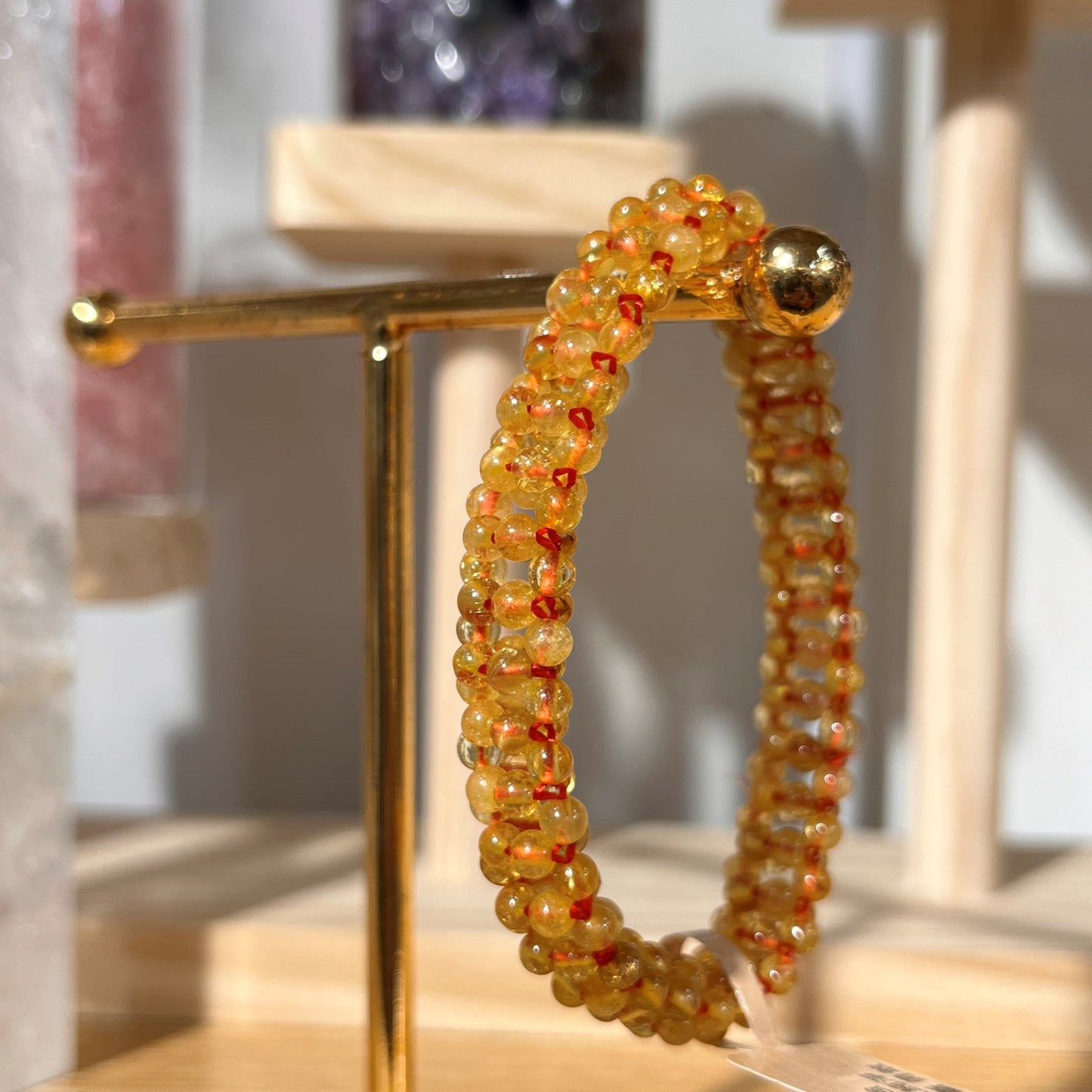 Indian Golden Rutilated Quartz Crystal Beaded Bracelet - Weaving Style 3mm Beads
