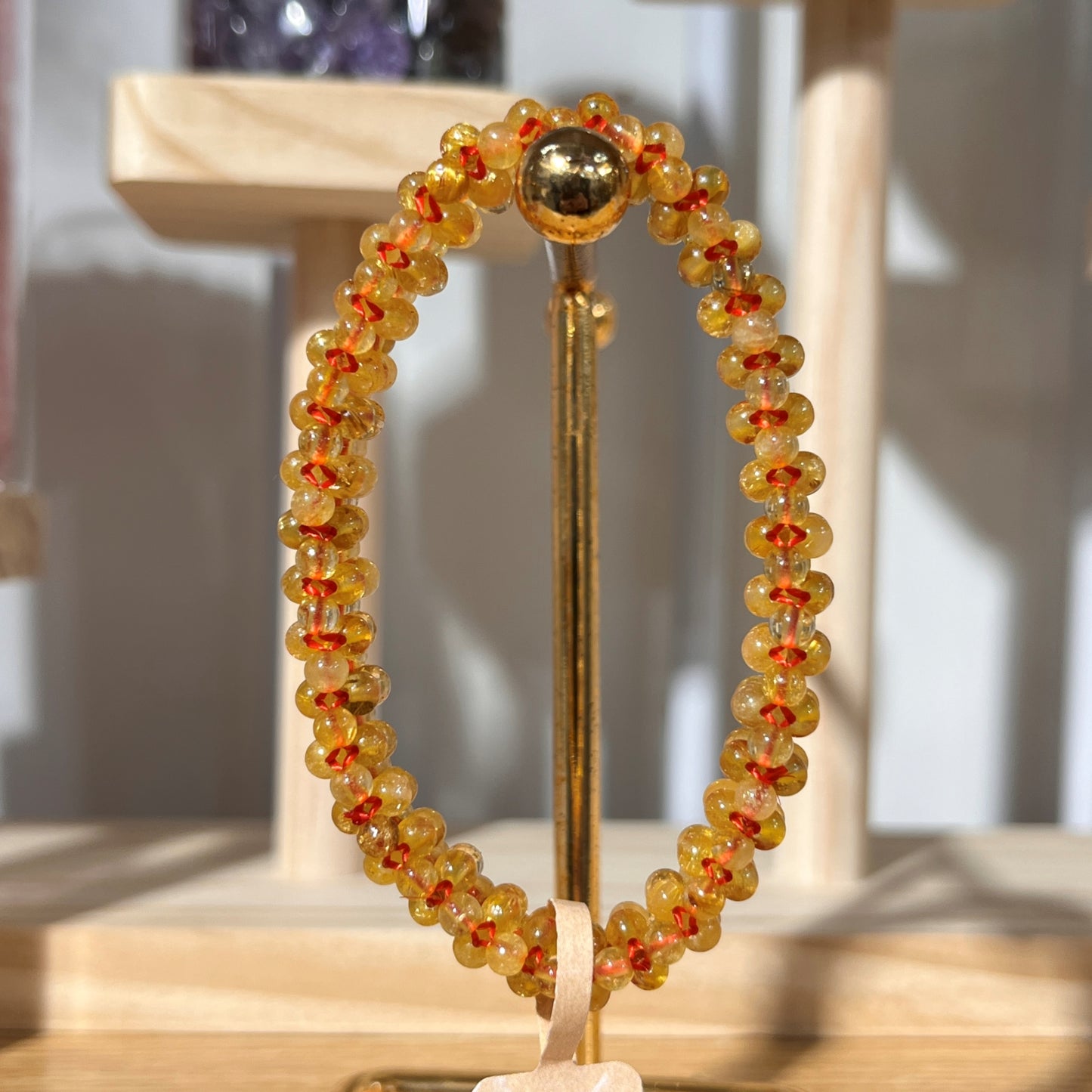 Indian Golden Rutilated Quartz Crystal Beaded Bracelet - Weaving Style 3mm Beads