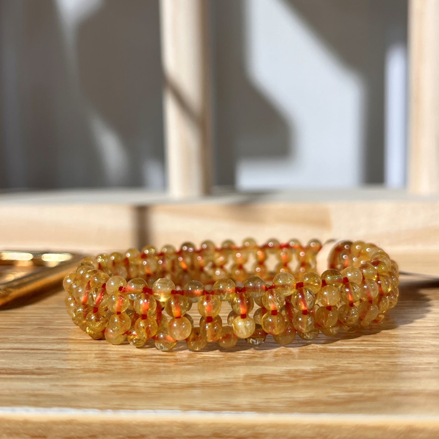 Indian Golden Rutilated Quartz Crystal Beaded Bracelet - Weaving Style 3mm Beads