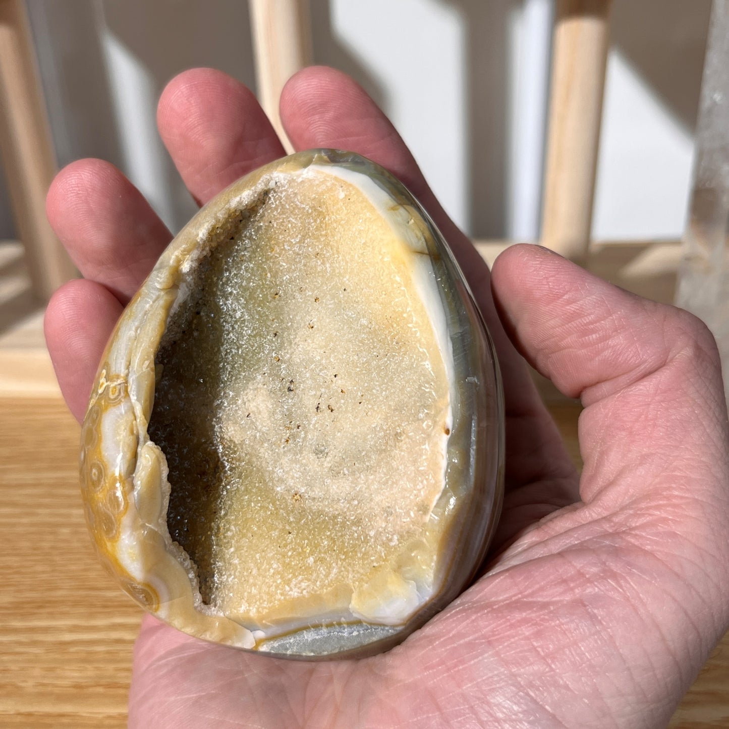 Yellow Agate Geode Egg With Crystal | On Stand 341g