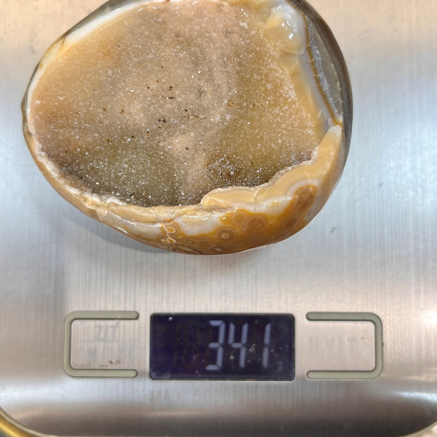 Yellow Agate Geode Egg With Crystal | On Stand 341g