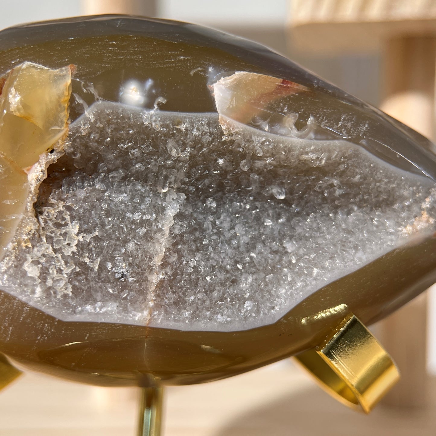 Yellow Agate Geode Egg With Crystal | On Stand 335g