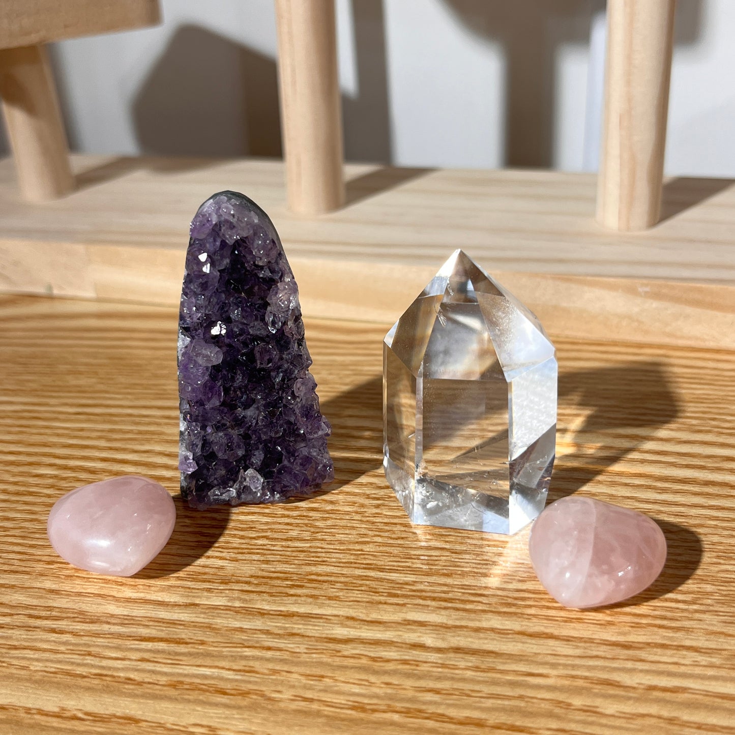 Harmonious Energy Starter Kit | Amethyst Crystal Cluster | Clear Quartz Tower | Rose Quartz Heart Shape Tumbled Stone