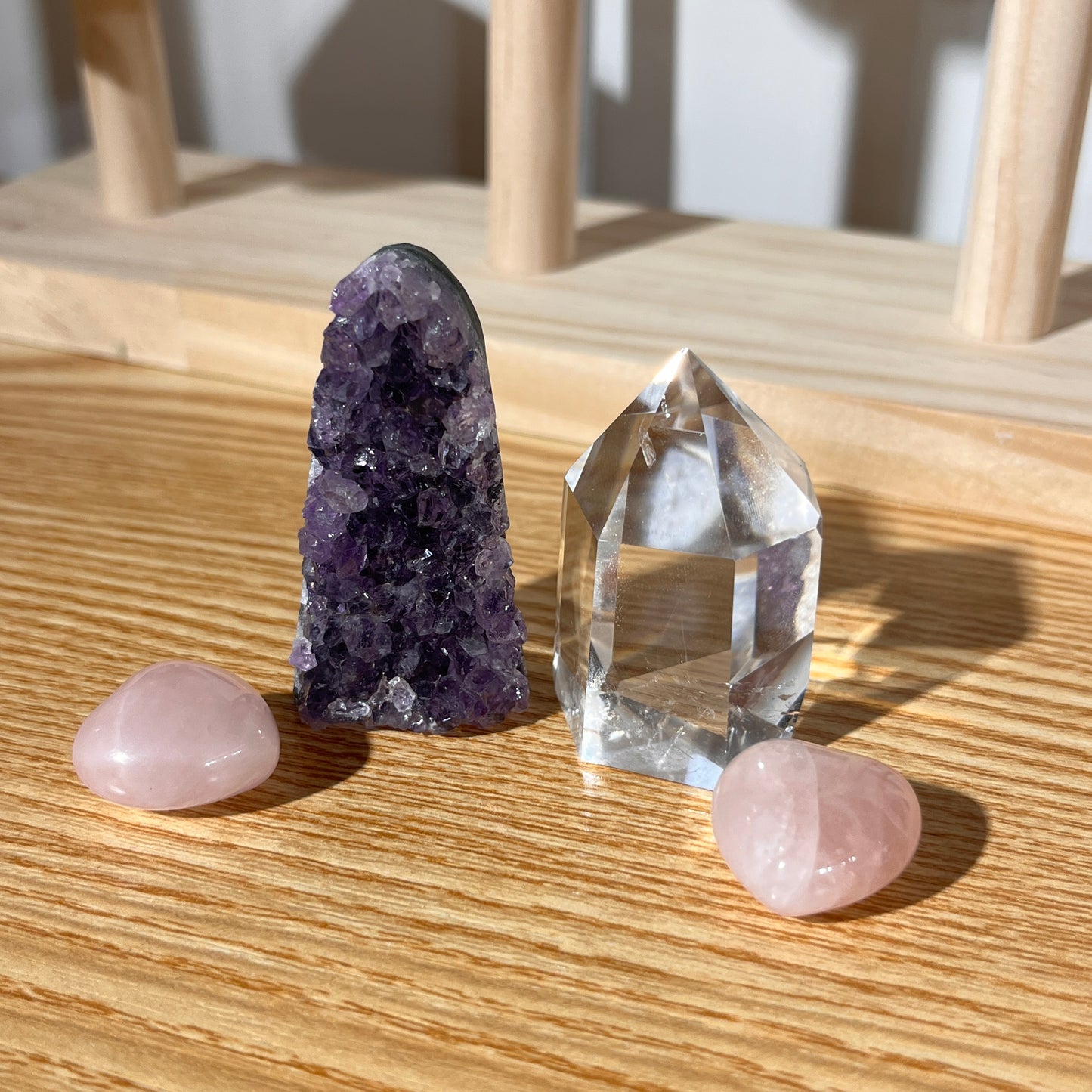 Harmonious Energy Starter Kit | Amethyst Crystal Cluster | Clear Quartz Tower | Rose Quartz Heart Shape Tumbled Stone