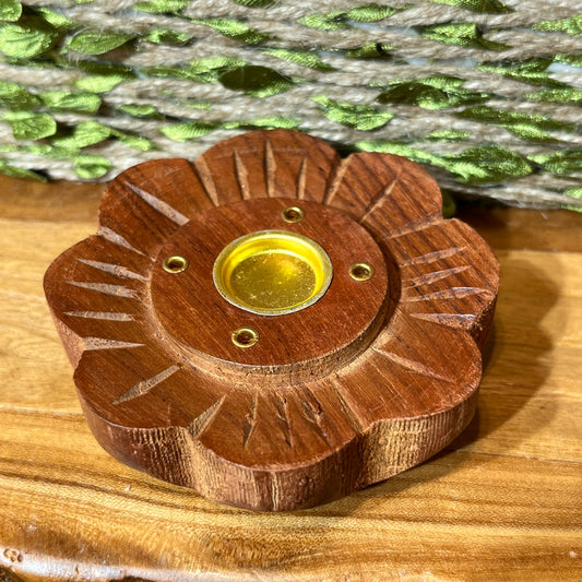 Wooden Incense Holder For 4 Incense Stick & 1 Incense Cone - Flower Shape - Handmade