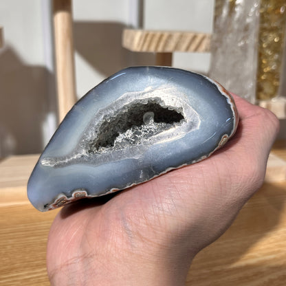 Grey Agate Geode Egg With Crystal | On Stand 390g