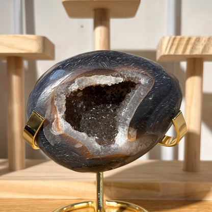 Grey Agate Geode Egg With Crystal | On Stand 418
