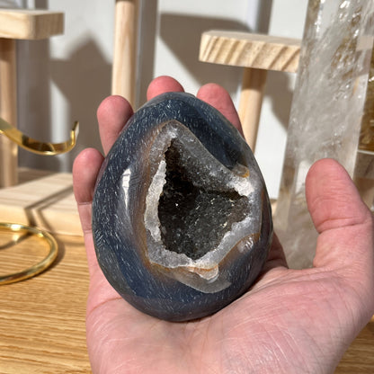 Grey Agate Geode Egg With Crystal | On Stand 418
