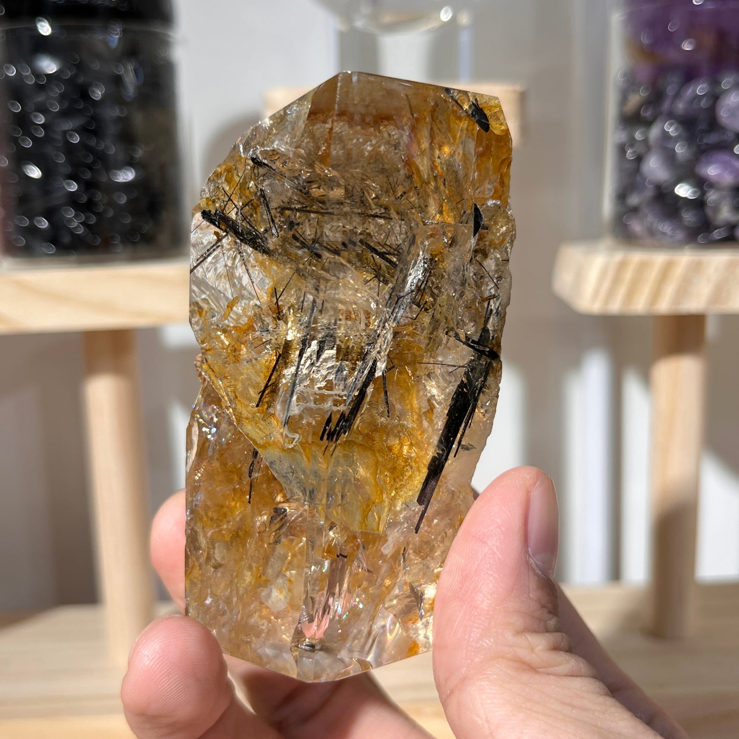 Black Silver Rutile in Quartz Freefrom - Half Polished