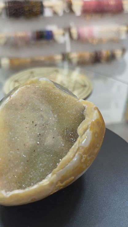 Yellow Agate Geode Egg With Crystal | On Stand 341g